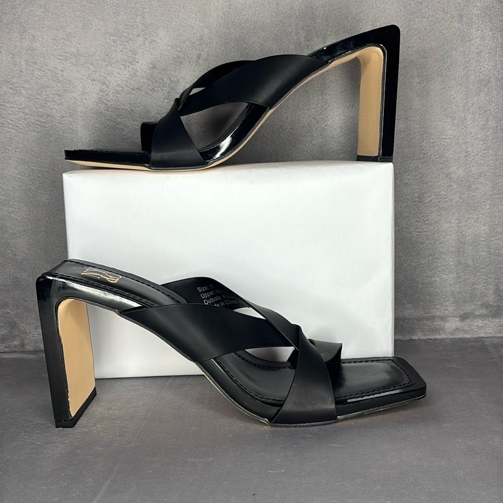 NY&C Black Square Toe Heeled Sandals Strappy Minimalist Chic 11